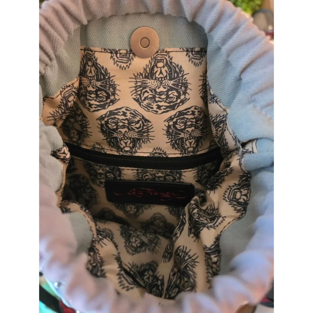 Ed Hardy Love Kills Slowly Ombre Denim Drawstring Backpack Rhinestone Skull Bag